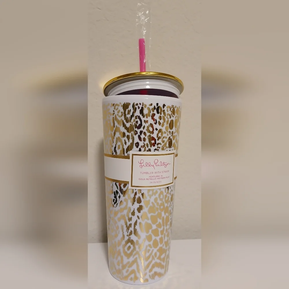 NWT Lilly Pulitzer Gold Leopard Tumbler With Straw